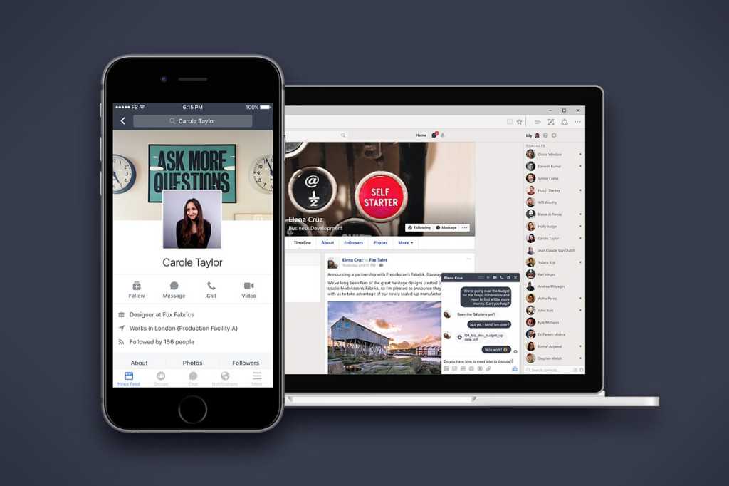 Facebook Workplace profile on phone + laptop