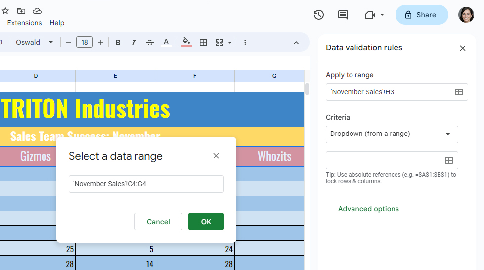 Select a data range panel