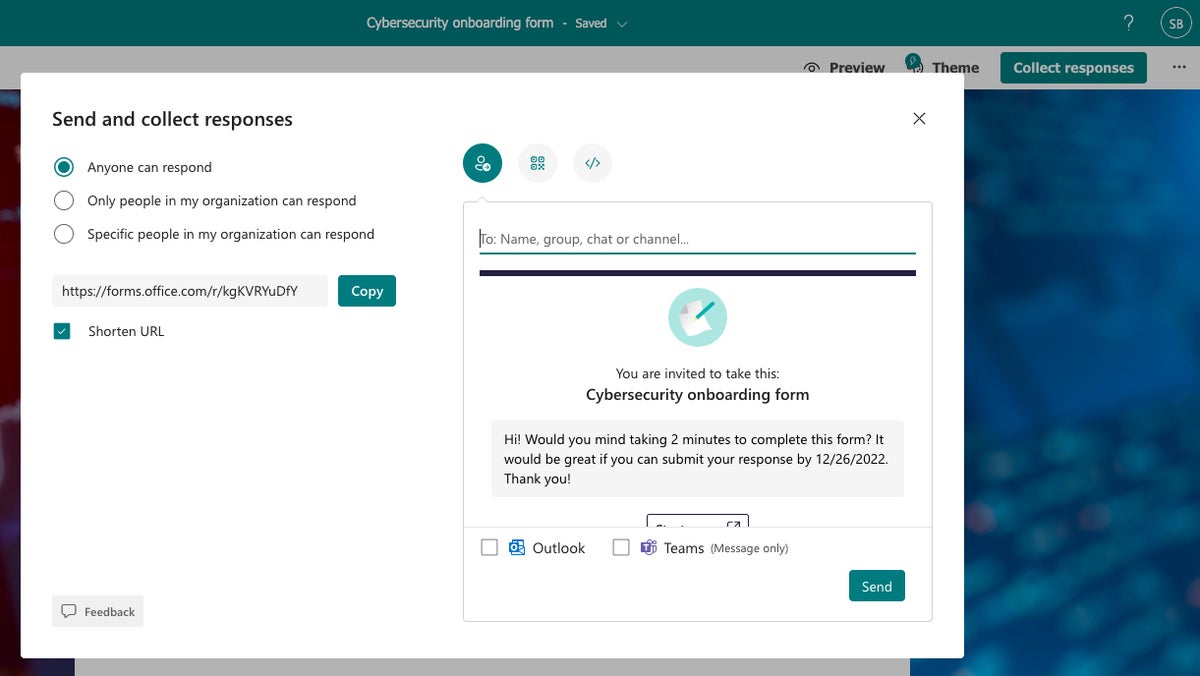 microsoft forms 18 send collect responses pane