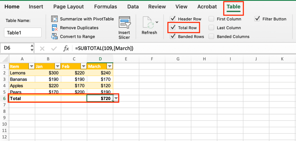 total row at the bottom of a table