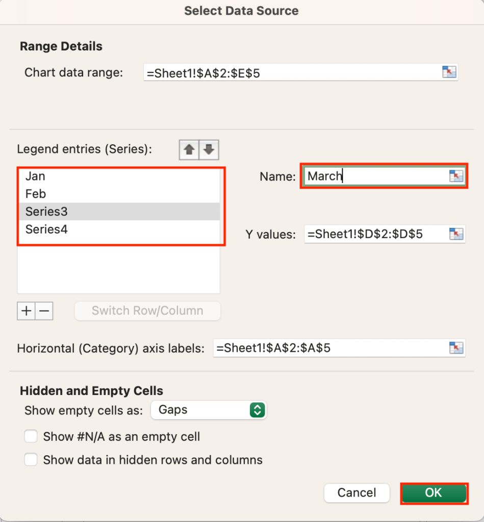 changing the legend labels on the Select Data Source pane