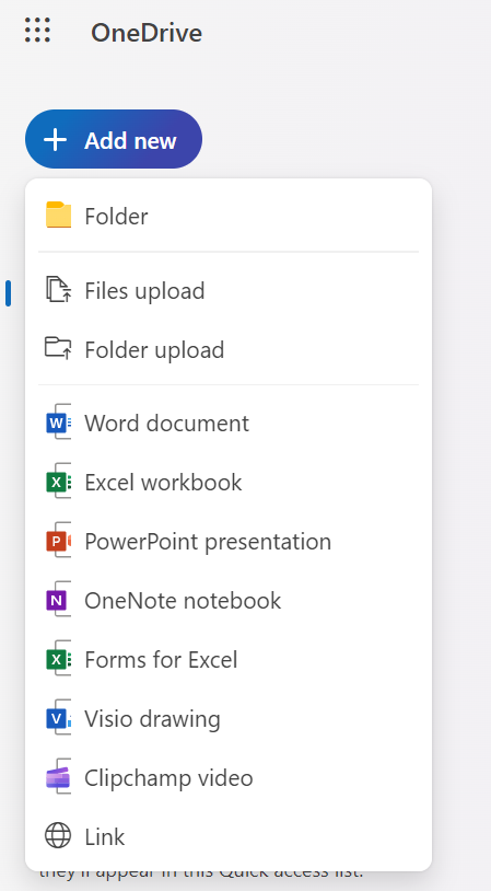 onedrive for web add new menu