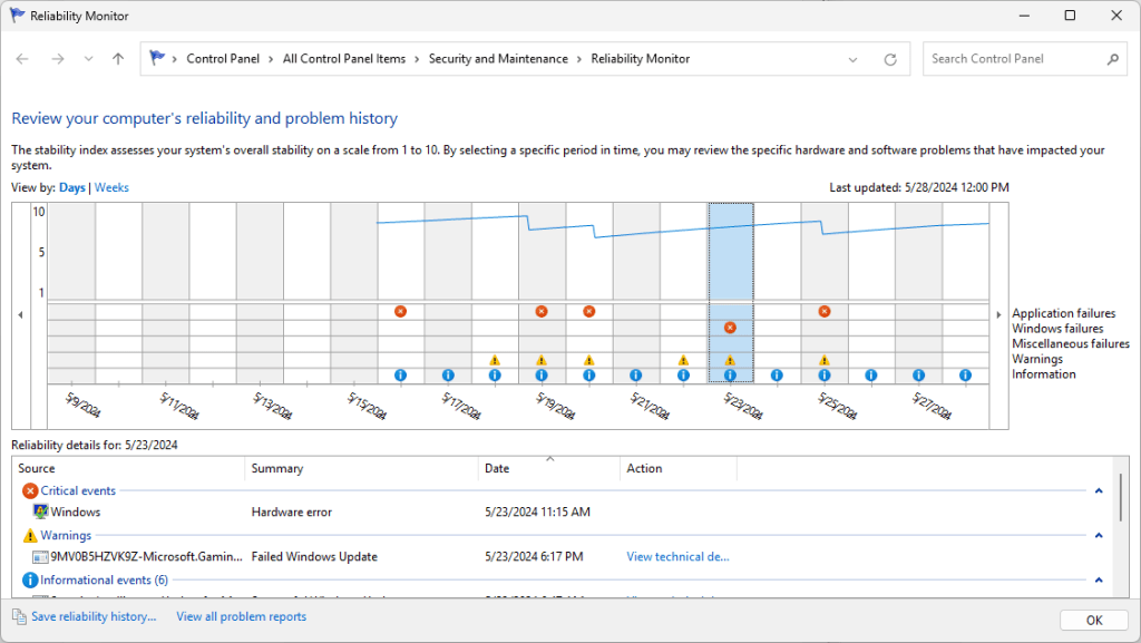 reliability monitor window showing unhealthy pc