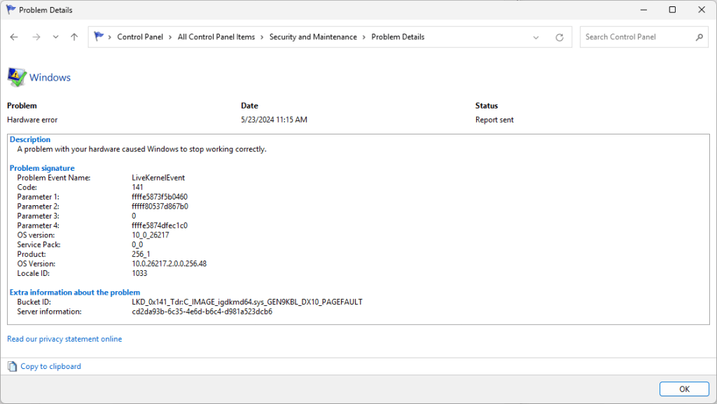 reliability monitor problem details window